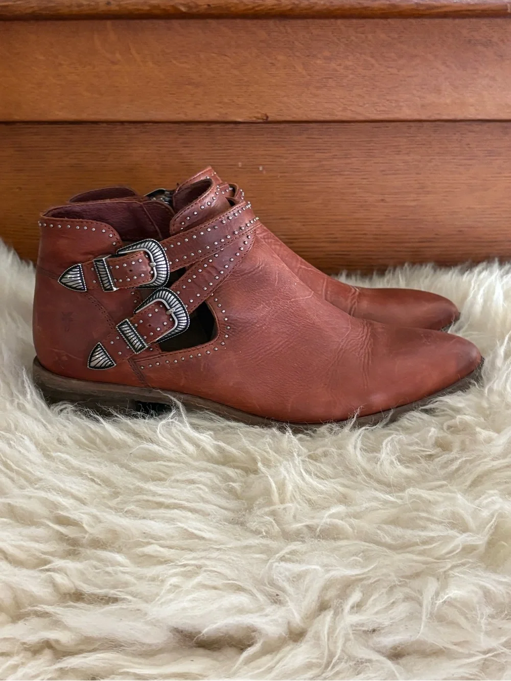 Frye ‘Ray Deco’ Red Clay Leather Buckle Side Zip Ankle Boots